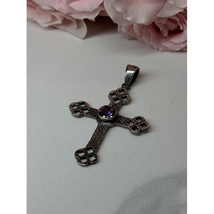 925 Sterling Silver Amethyst Cross Length 2.2 In