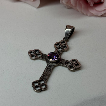 925 Sterling Silver Amethyst Cross Length 2.2 In