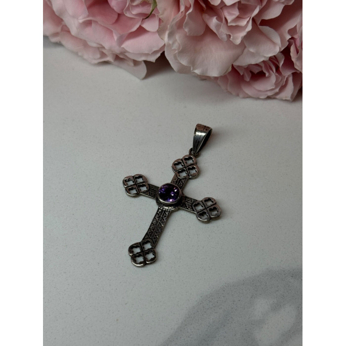 925 Sterling Silver Amethyst Cross Length 2.2 In