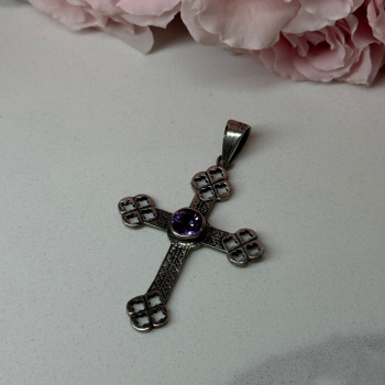 925 Sterling Silver Amethyst Cross Length 2.2 In
