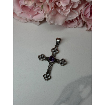925 Sterling Silver Amethyst Cross Length 2.2 In