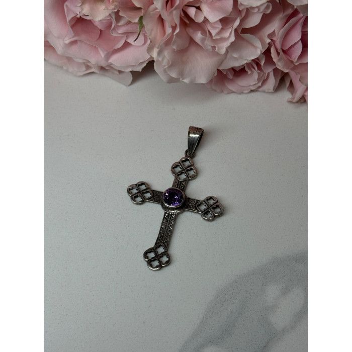 925 Sterling Silver Amethyst Cross Length 2.2 In