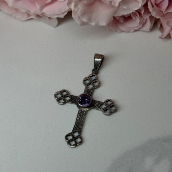 925 Sterling Silver Amethyst Cross Length 2.2 In