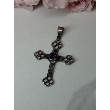 925 Sterling Silver Amethyst Cross Length 2.2 In