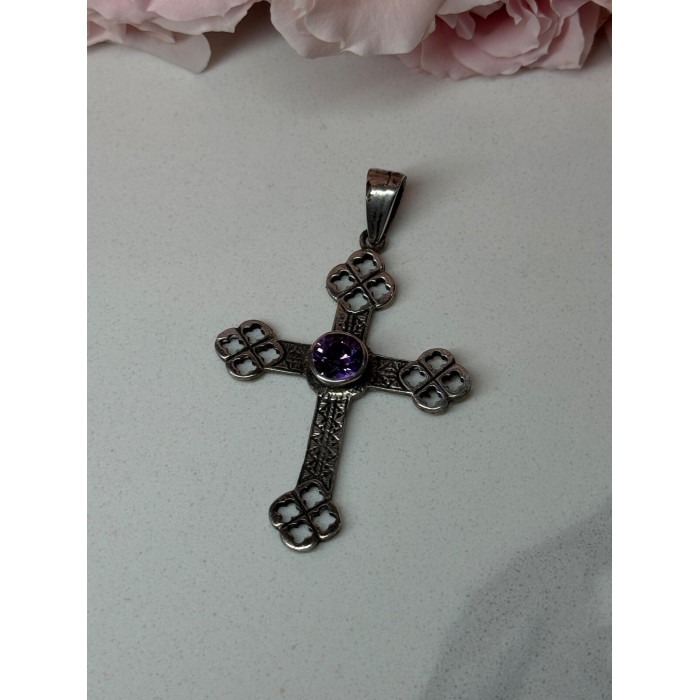 925 Sterling Silver Amethyst Cross Length 2.2 In
