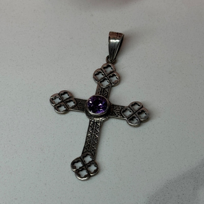 925 Sterling Silver Amethyst Cross Length 2.2 In