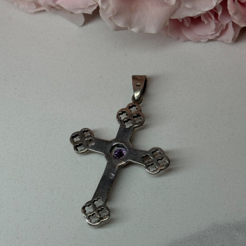 925 Sterling Silver Amethyst Cross Length 2.2 In
