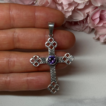 925 Sterling Silver Amethyst Cross Length 2.2 In