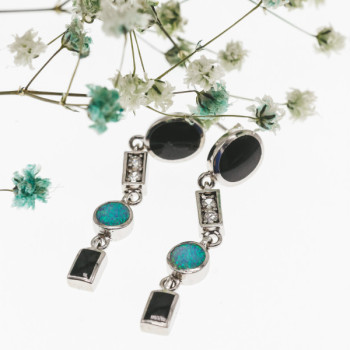 925 Sterling Silver Onyx, Opal & CZ Earrings