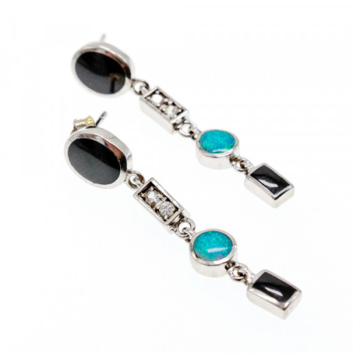 925 Sterling Silver Onyx, Opal & CZ Earrings
