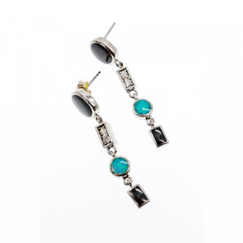925 Sterling Silver Onyx, Opal & CZ Earrings
