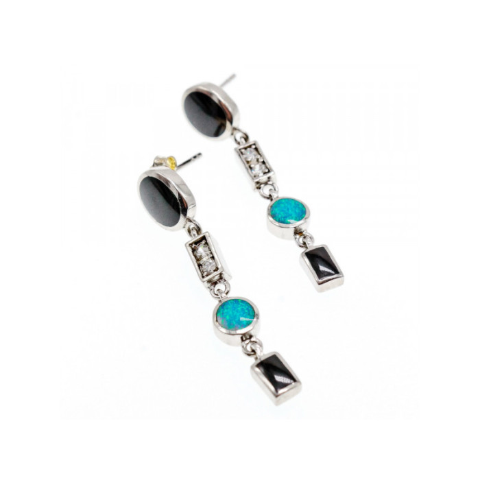 925 Sterling Silver Onyx, Opal & CZ Earrings