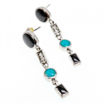925 Sterling Silver Onyx, Opal & CZ Earrings