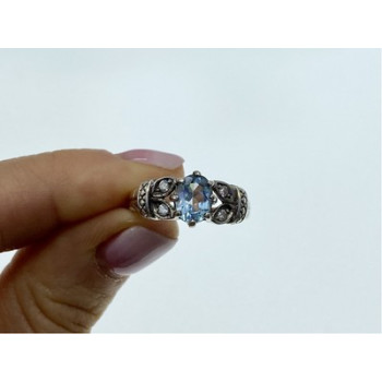 925 Sterling Silver Blue Spinel & CZ Ring Size 6.5