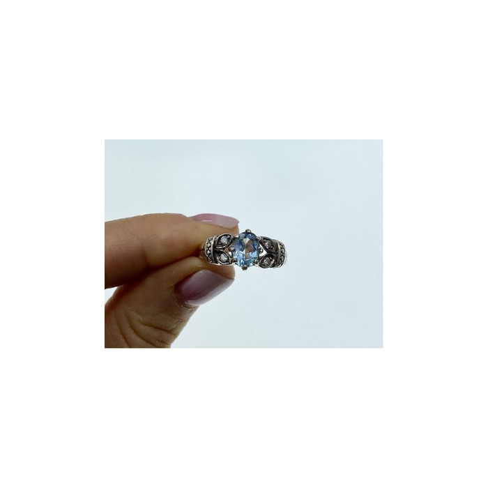 925 Sterling Silver Blue Spinel & CZ Ring Size 6.5