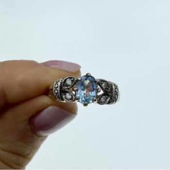 925 Sterling Silver Blue Spinel & CZ Ring Size 6.5