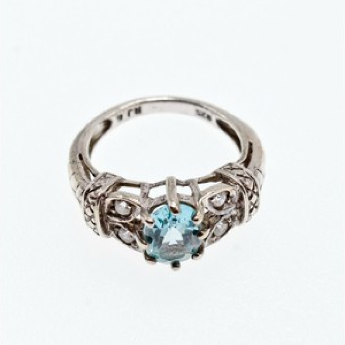 925 Sterling Silver Blue Spinel & CZ Ring Size 6.5