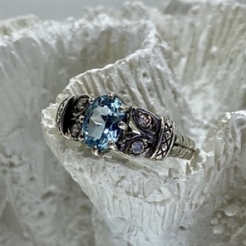 925 Sterling Silver Blue Spinel & CZ Ring Size 6.5