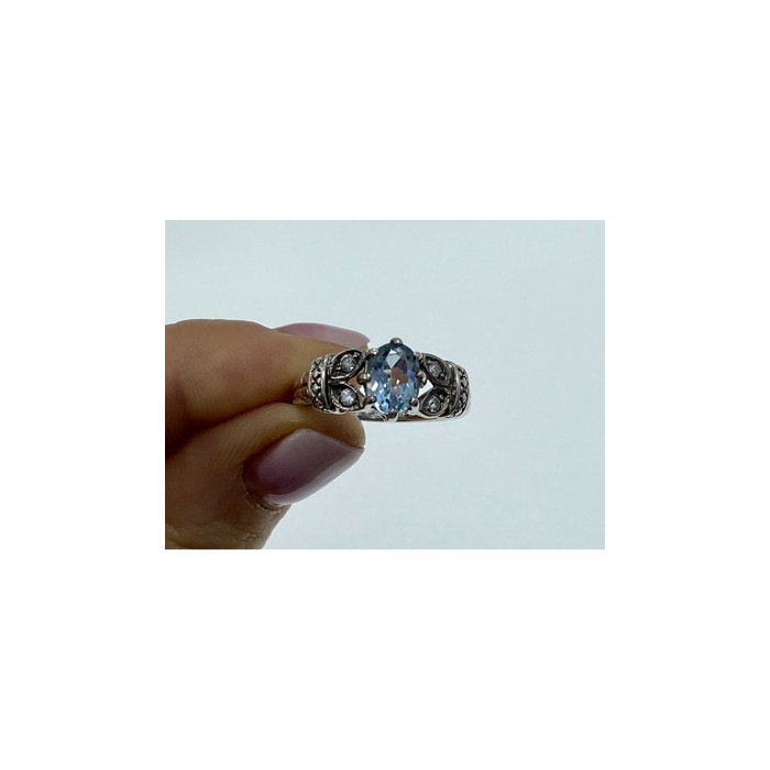 925 Sterling Silver Blue Spinel & CZ Ring Size 6.5