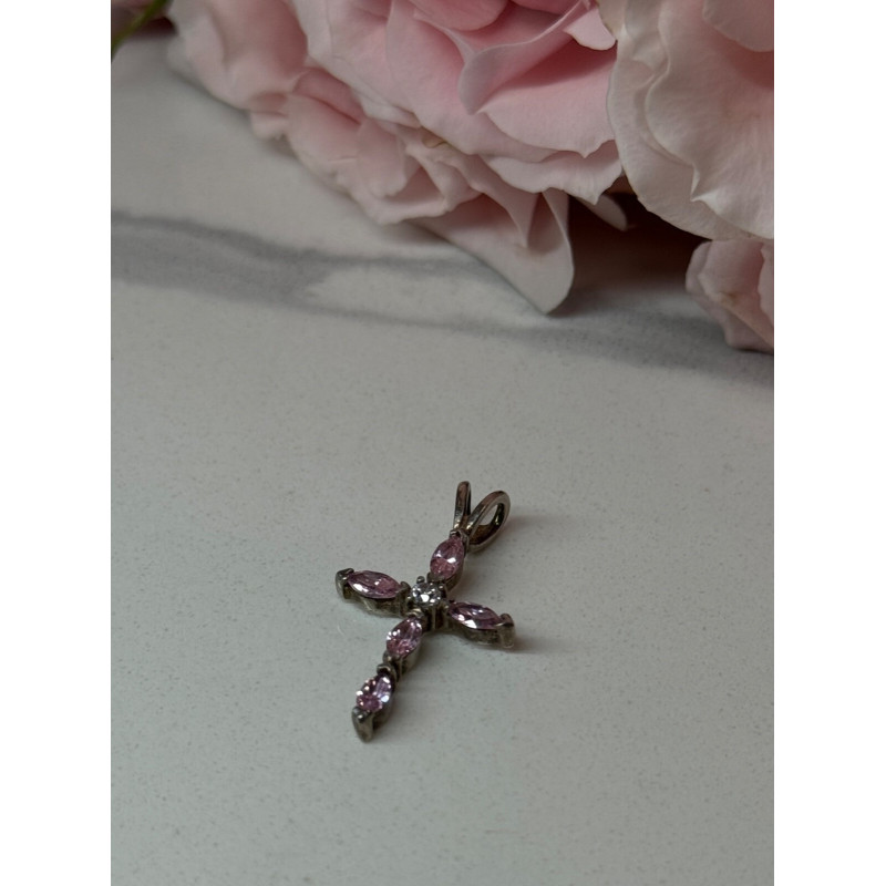 925 Sterling Silver Morganite & CZ Cross Length 1.1 In