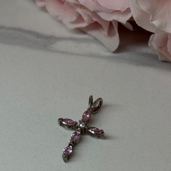 925 Sterling Silver Morganite & CZ Cross Length 1.1 In