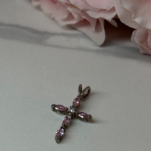 925 Sterling Silver Morganite & CZ Cross Length 1.1 In