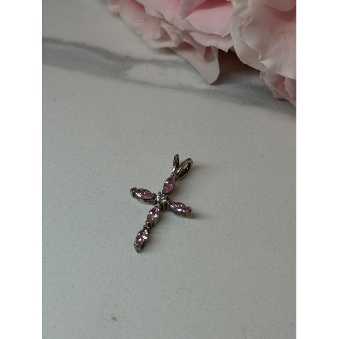 925 Sterling Silver Morganite & CZ Cross Length 1.1 In