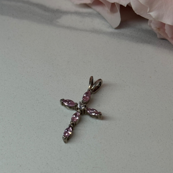 925 Sterling Silver Morganite & CZ Cross Length 1.1 In