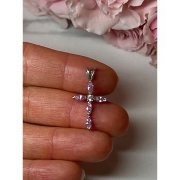 925 Sterling Silver Morganite & CZ Cross Length 1.1 In
