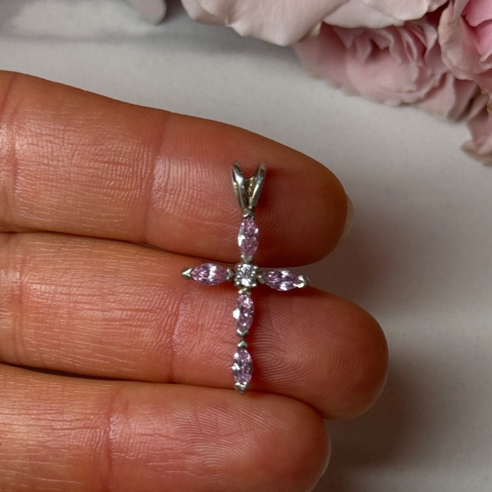 925 Sterling Silver Morganite & CZ Cross Length 1.1 In
