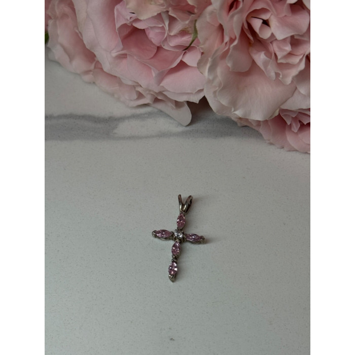 925 Sterling Silver Morganite & CZ Cross Length 1.1 In