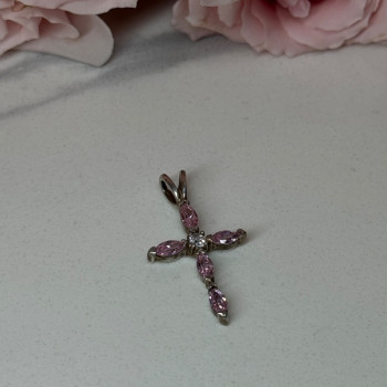 925 Sterling Silver Morganite & CZ Cross Length 1.1 In
