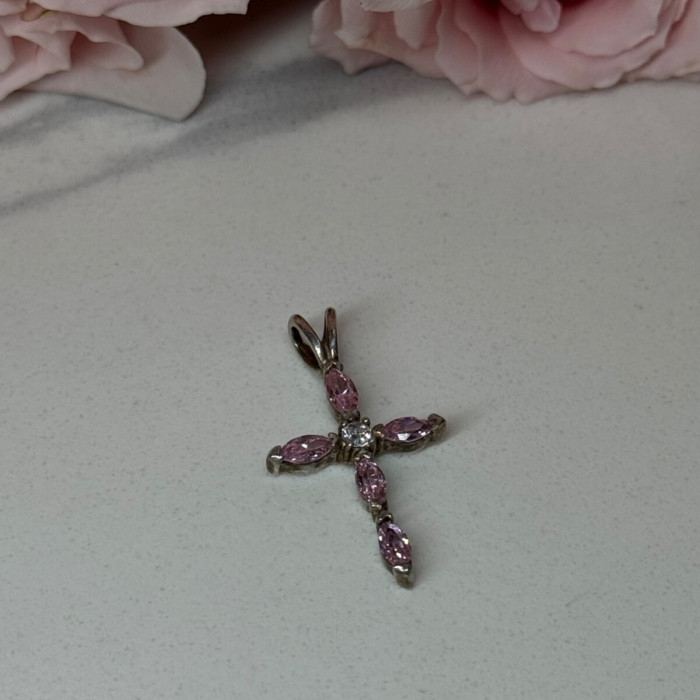 925 Sterling Silver Morganite & CZ Cross Length 1.1 In