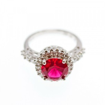 925 Sterling Silver Red Spinel & CZ Ring Size 7