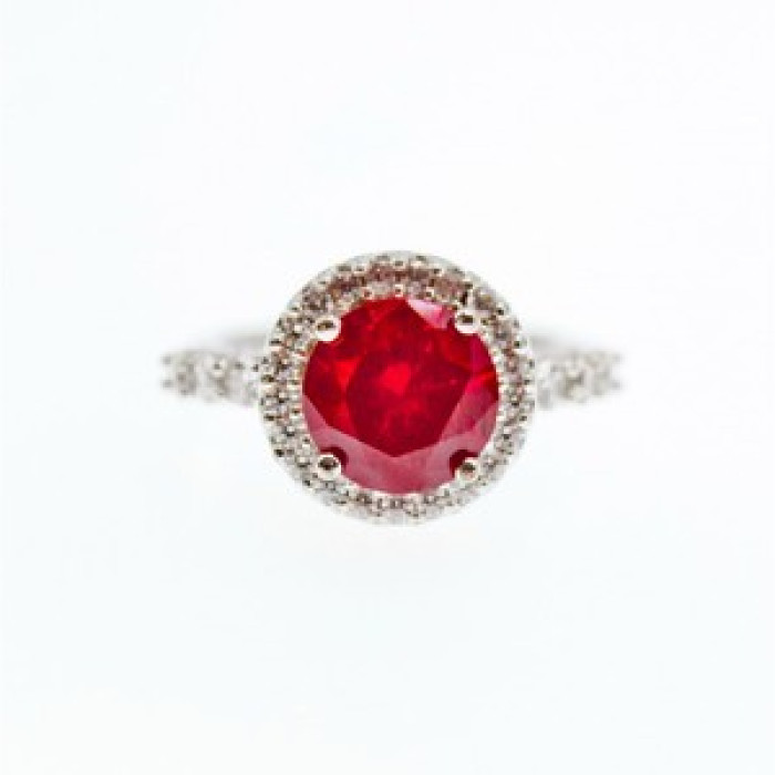 925 Sterling Silver Red Spinel & CZ Ring Size 7
