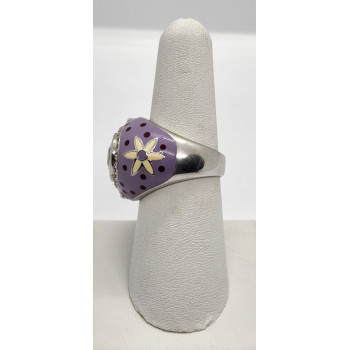 925 Sterling Silver With Amethyst & Quartz On Enamel Ring Size 7.5