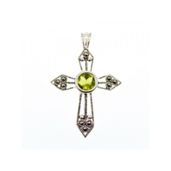925 Sterling Silver Peridot & Marcasite Cross Pendant