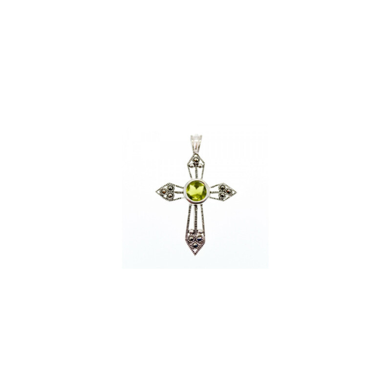 925 Sterling Silver Peridot & Marcasite Cross Pendant