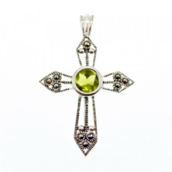 925 Sterling Silver Peridot & Marcasite Cross Pendant