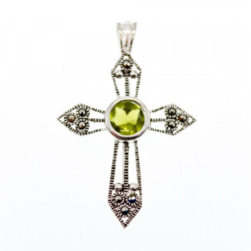 925 Sterling Silver Peridot & Marcasite Cross Pendant