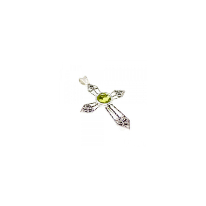 925 Sterling Silver Peridot & Marcasite Cross Pendant