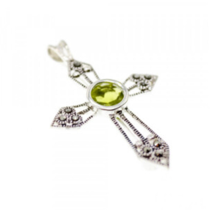 925 Sterling Silver Peridot & Marcasite Cross Pendant