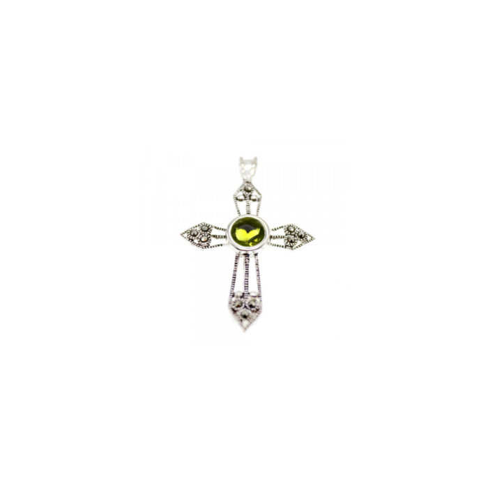925 Sterling Silver Peridot & Marcasite Cross Pendant