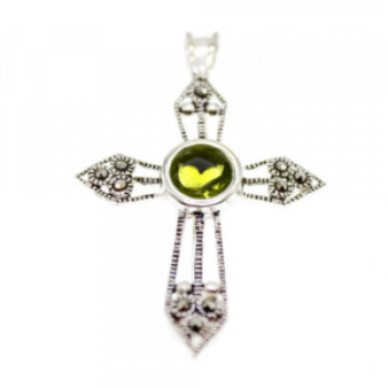 925 Sterling Silver Peridot & Marcasite Cross Pendant