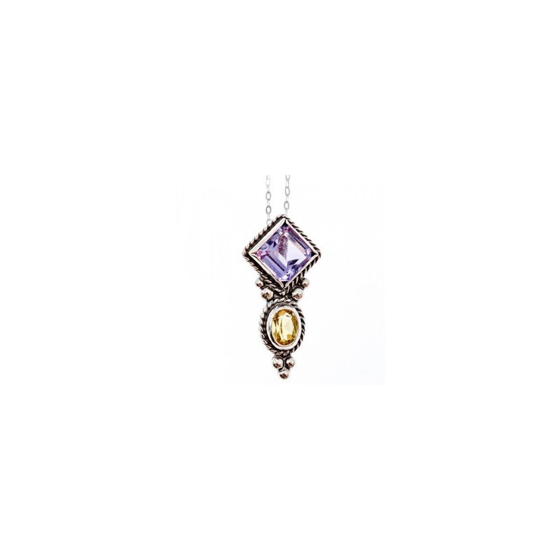 925 Sterling Silver Amethyst & Citrine Chain with Pendant Italy