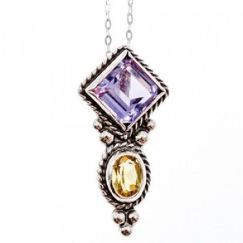 925 Sterling Silver Amethyst & Citrine Chain With Pendant Italy