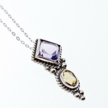 925 Sterling Silver Amethyst & Citrine Chain With Pendant Italy