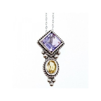 925 Sterling Silver Amethyst & Citrine Chain with Pendant Italy