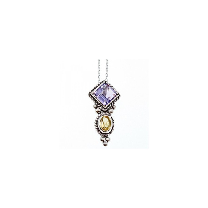 925 Sterling Silver Amethyst & Citrine Chain with Pendant Italy
