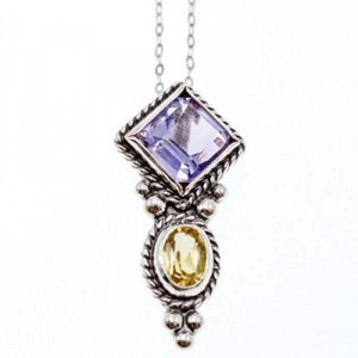 925 Sterling Silver Amethyst & Citrine Chain With Pendant Italy